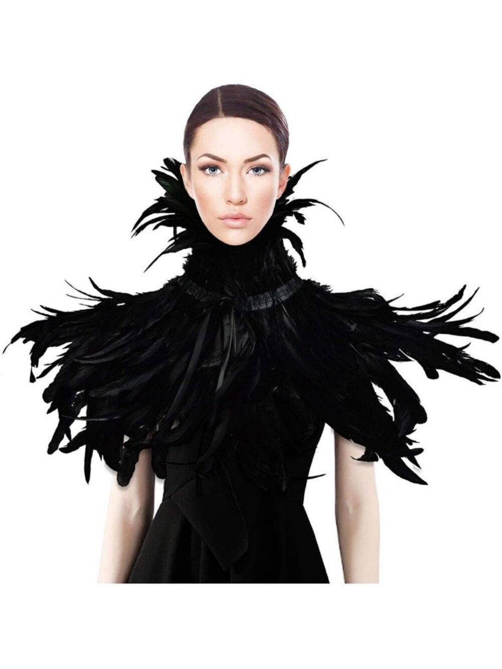 Black Feather Collar Shawl Cape with Crow Wings - Halloween Costume Accessory